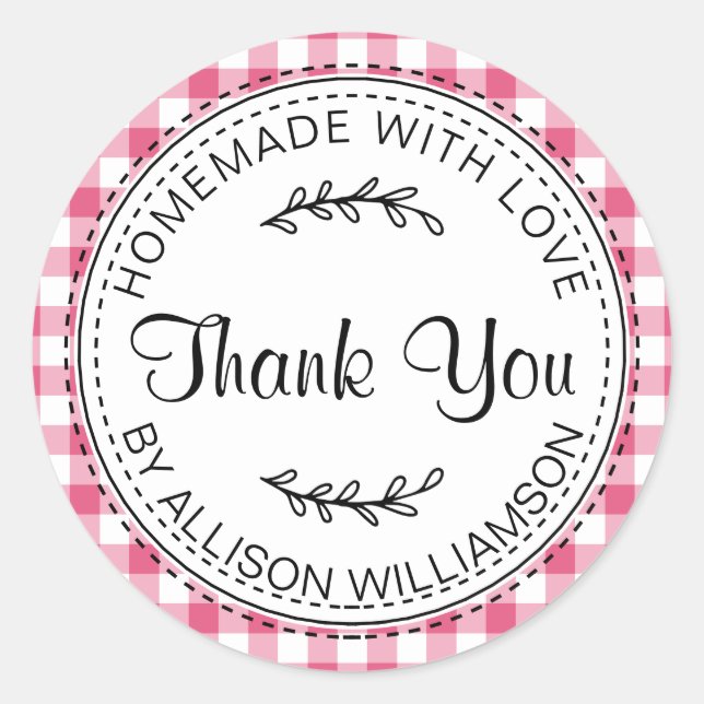 Sticker Rond Merci maison rustique Hot rose Motif chèque (Devant)