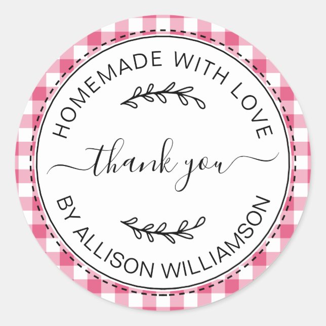 Sticker Rond Merci maison rustique Hot rose Motif chèque (Devant)
