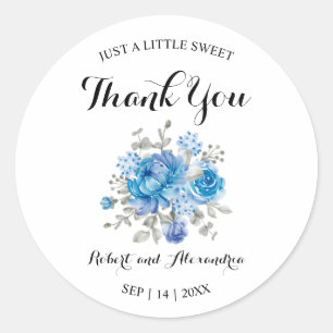 Sticker Rond Merci Mariage à fleurs bleues doux
