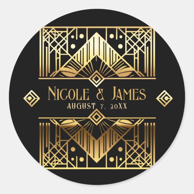 Sticker Rond Merci Mariage Art déco noir & or (Devant)