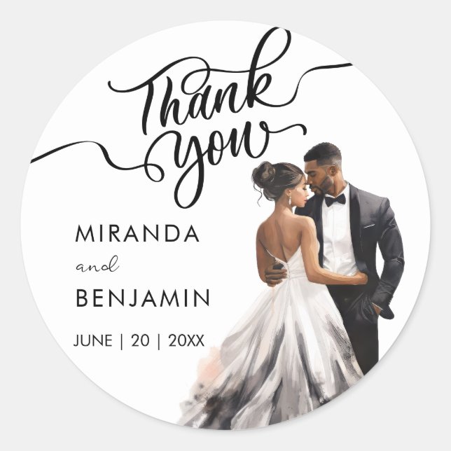Sticker Rond Merci Mariage Black Bride Groom Aquarelle (Devant)