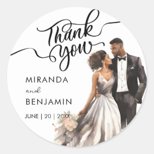 Sticker Rond Merci Mariage Black Bride Groom Aquarelle