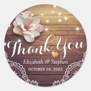 Sticker Rond Merci mariage Bois rustique Lumières à cordes flor