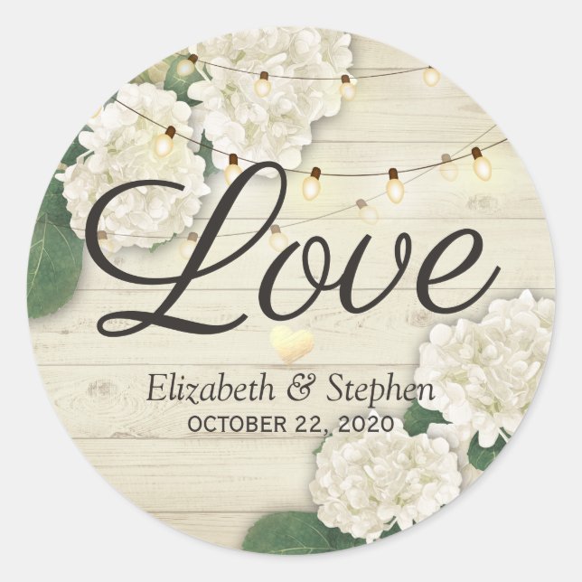 Sticker Rond Merci mariage Bois rustique Lumières à cordes flor (Devant)