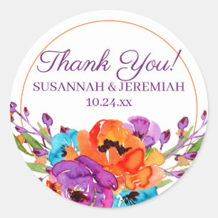 Sticker Rond Merci Mariage d'aquarelle violet orange