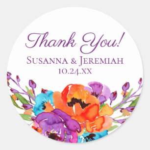 Sticker Rond Merci Mariage d'aquarelle violet orange