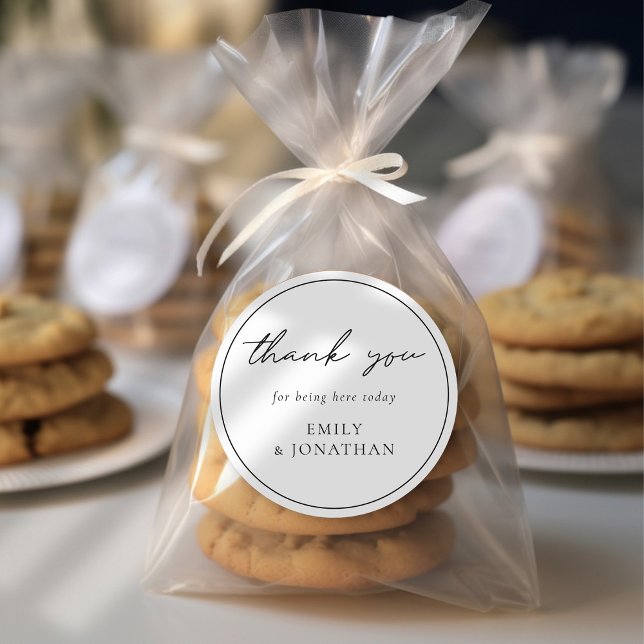 Sticker Rond Merci Mariage de bordure de ligne de script élégan (Créateur téléchargé)