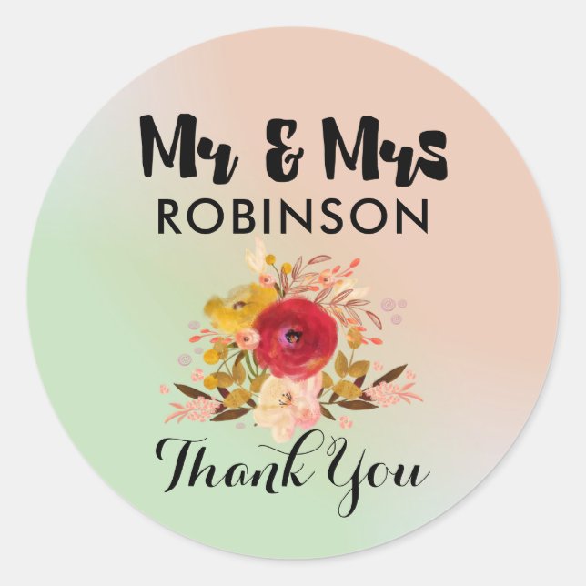 Sticker Rond Merci Mariage de bouquet à aquarelle fleurie (Devant)