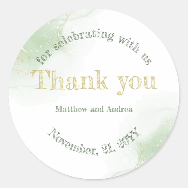 Sticker Rond Merci Mariage de calligraphie verte et or (Devant)