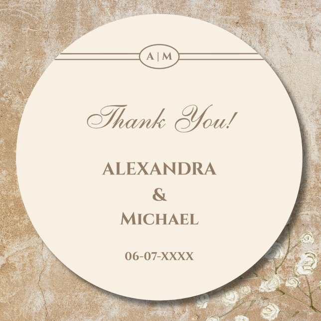 Sticker Rond Merci Mariage de crème monogramme (Créateur téléchargé)