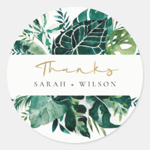 Sticker Rond Merci Mariage de feuillage vert de Monstera Tropic