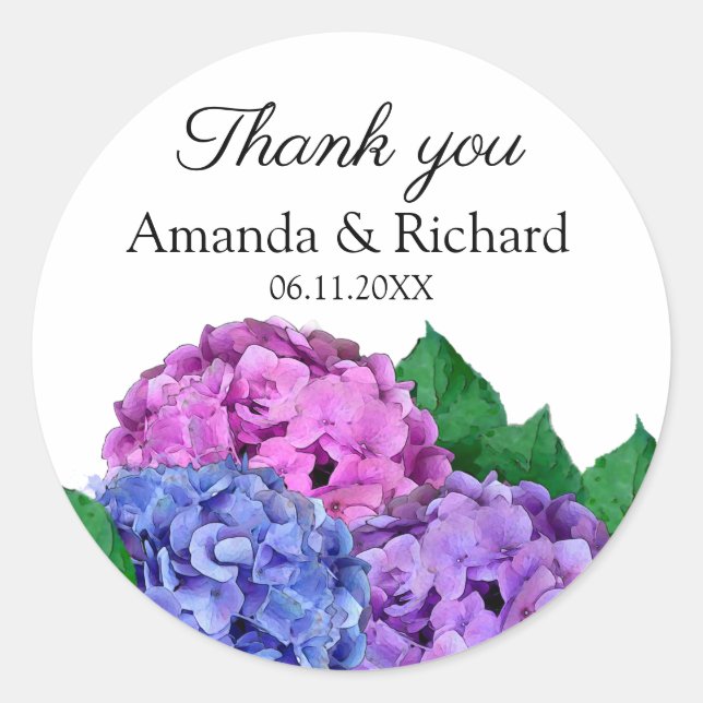 Sticker Rond Merci Mariage de fleurs d'Hydrangée bleue et rose (Devant)