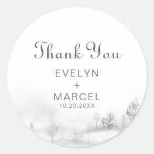 Sticker Rond Merci Mariage de la forêt de montagne d'hiver