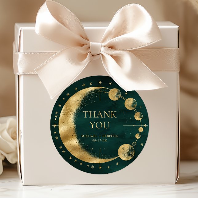 Sticker Rond Merci Mariage de la lune d'or d'Émeraude céleste (Créateur téléchargé)