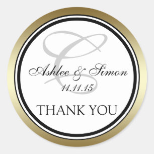 Sticker Rond Merci Mariage de Monogramme C noir or