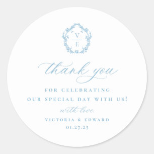 Sticker Rond Merci Mariage de monogramme de crête bleu clair