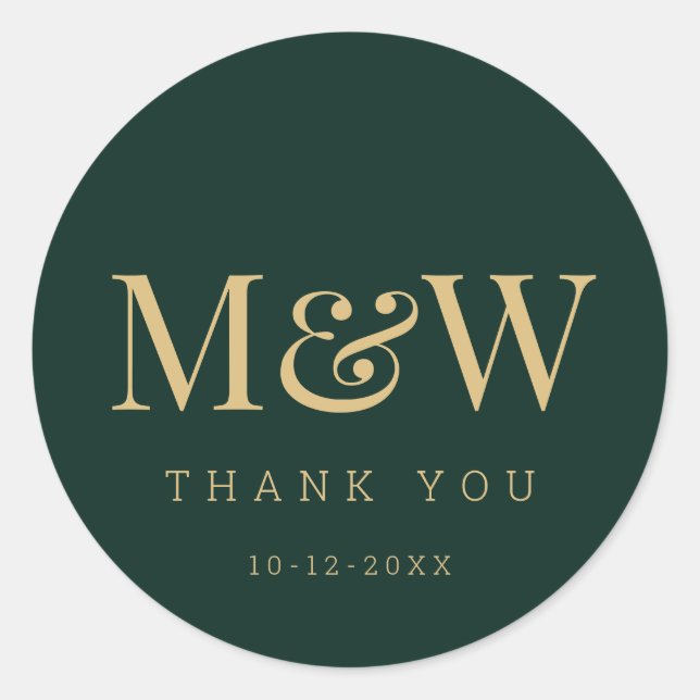 Sticker Rond Merci Mariage de Monogramme d'or vert moderne (Devant)