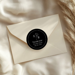 Sticker Rond Merci Mariage de Monogramme Floral Noir