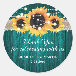 Sticker Rond Merci Mariage de tournesol en bois Turquoise rusti