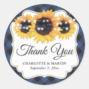 Sticker Rond Merci Mariage de tournesol Plaid Buffalo bleu