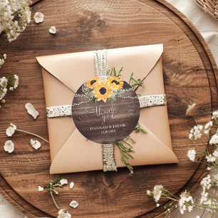 Sticker Rond Merci Mariage de tournesol rustique Favoriser