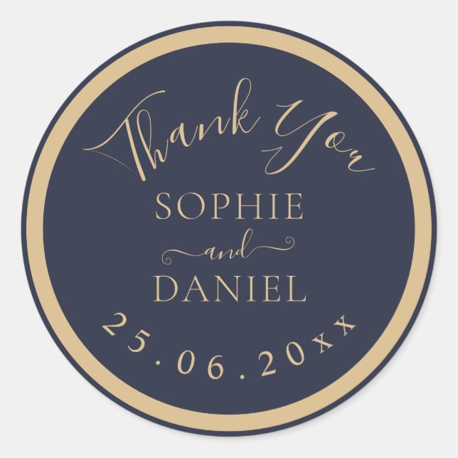 Sticker Rond Merci Mariage Elegant Gold Navy (Devant)