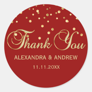 Sticker Rond Merci Mariage Elegant Rouge Or Personnalisé