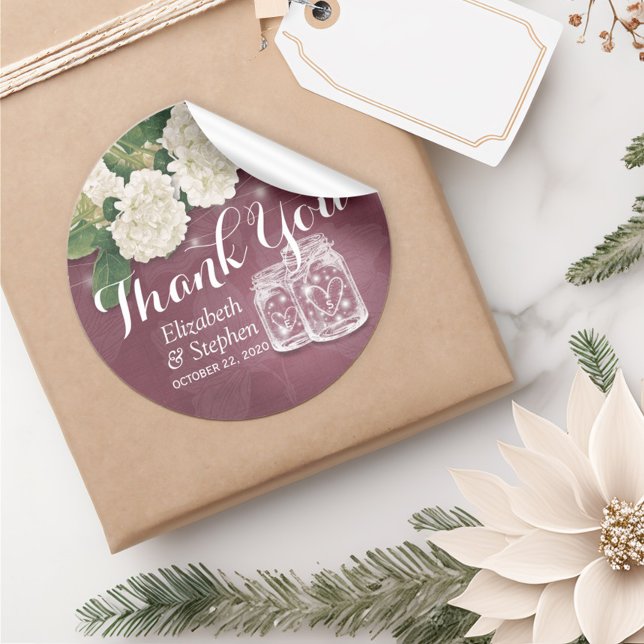 Sticker Rond Merci mariage Favor Mason Jar Hydrangea Lumières (Créateur téléchargé)