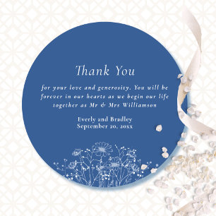 Sticker Rond Merci Mariage Fleur sauvage bleu moderne blanc