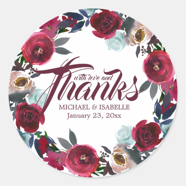Sticker Rond Merci Mariage floral rouge Bourgogne personnalisé (Devant)