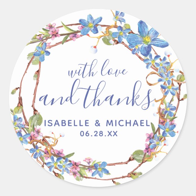 Sticker Rond Merci Mariage Floral Rustique bleu (Devant)