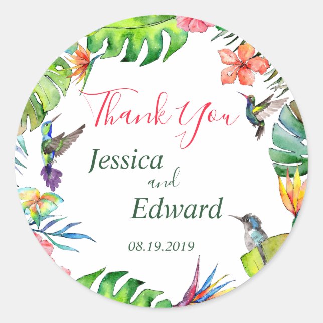 Sticker Rond Merci Mariage floral tropical (Devant)