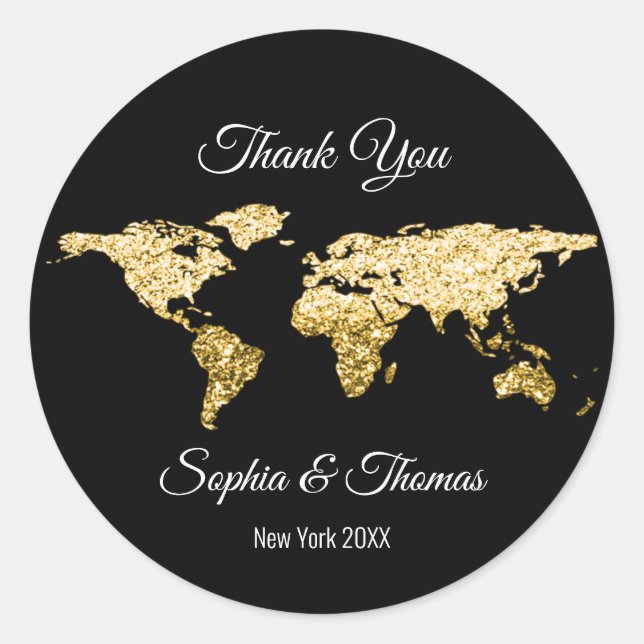 Sticker Rond Merci Mariage Golden World Destination Carte Black (Devant)