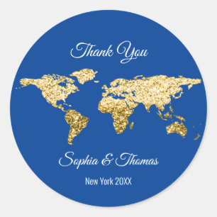 Sticker Rond Merci Mariage Golden World Destination Carte Bleu
