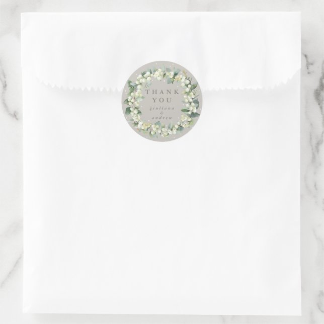 Sticker Rond Merci Mariage Greige Snowberry+Eucalyptus (Sac)