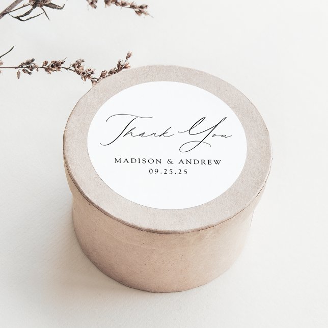 Sticker Rond Merci Mariage moderne élégant à script noir (Créateur téléchargé)