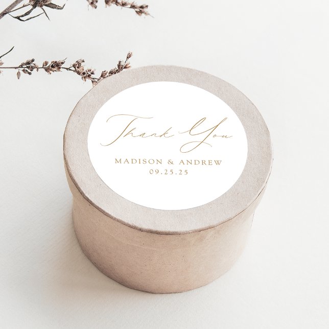 Sticker Rond Merci Mariage moderne Elegant Gold Script (Créateur téléchargé)
