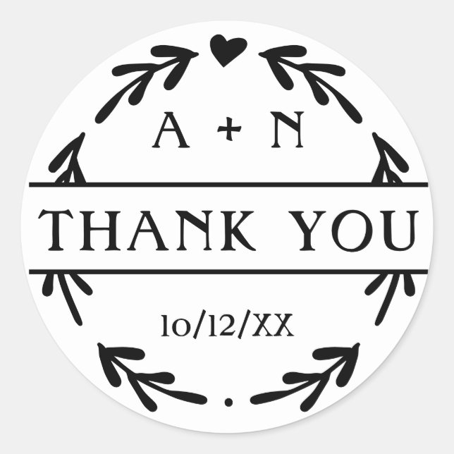Sticker Rond Merci Mariage noir et blanc simple (Devant)