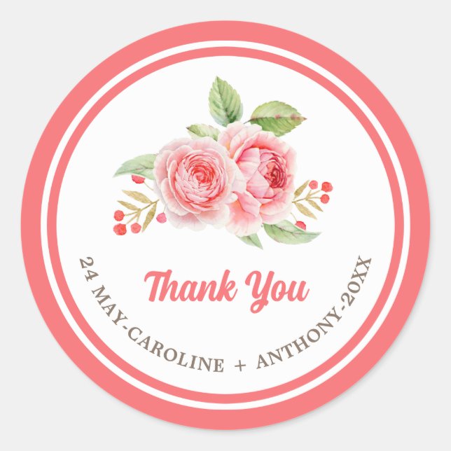 Sticker Rond Merci. Mariage Rose aquarelle (Devant)
