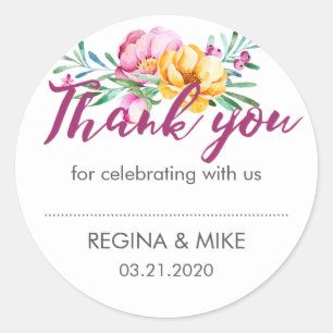 Sticker Rond Merci Mariage rose de pivoines jaunes