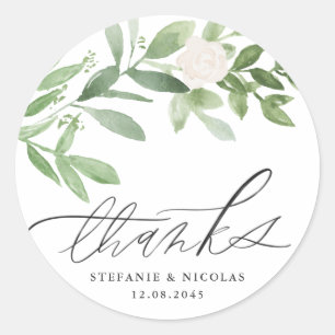 Sticker Rond Merci Mariage vert et fleurs blanches