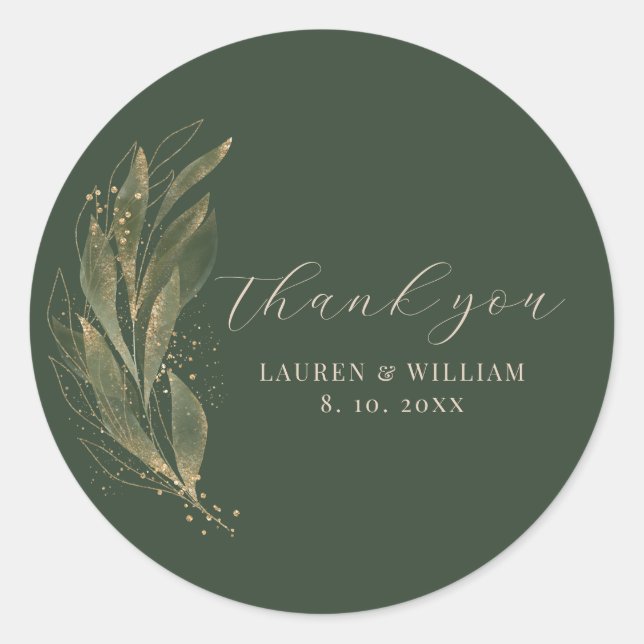 Sticker Rond Merci Mariage vert feuille or (Devant)