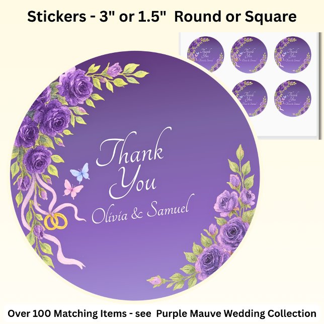 Sticker Rond Merci Mariée, Noms de chambre Fleurs mauves violet (Créateur téléchargé)