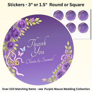 Sticker Rond Merci Mariée, Noms du Marié Fleurs Mauve Violet 