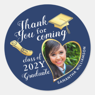 Sticker Rond Merci Marine Bleu Blanc Gold Graduation Party