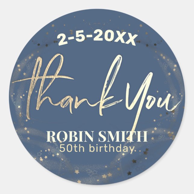 Sticker Rond Merci Marine Bleu Or Moderne Anniversaire Favorise (Devant)