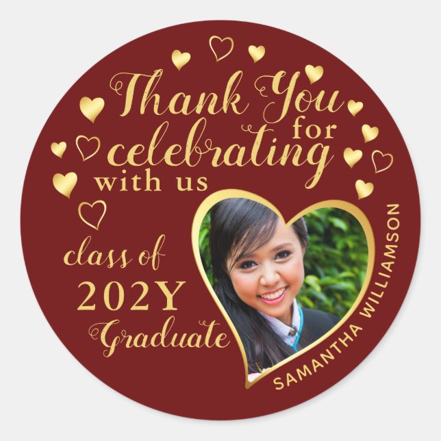 Sticker Rond Merci Maroon Red Gold 2025 Graduation Favor (Devant)