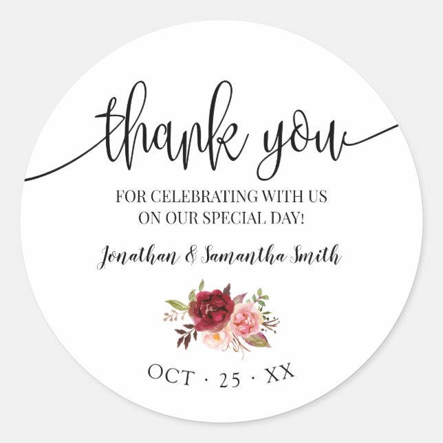 Sticker Rond Merci Marsala Floral Mariage Pays Chic (Devant)