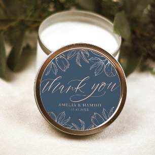 Sticker Rond Merci moderne bleu foncé et Mariage or Rose