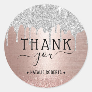 Sticker Rond Merci Moderne Rose Gold Pailleté Argent